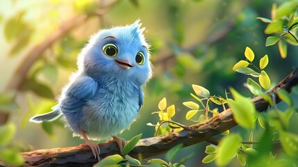 A lovely baby cartoon bird sat atop a tree its wings blue and gazes the color of the sky