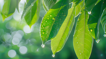 Wall Mural - background of wet tropical green leaves with sunlight behind it