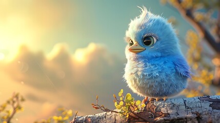 A lovely baby cartoon bird sat atop a tree its wings blue and gazes the color of the sky