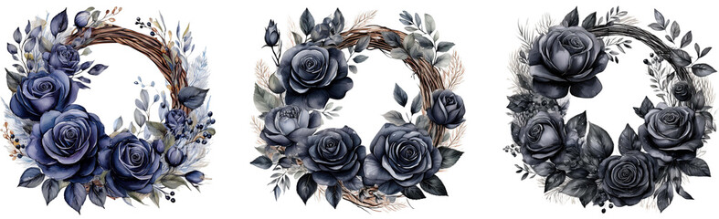 Wreaths, floral frames, watercolor flowers black roses, Illustration hand painted. Isolated on transparent background