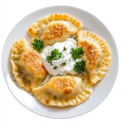 Poster - Four golden dumplings with a dollop of sour cream and parsley.