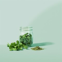 Sticker - Fresh cilantro leaves in a glass jar with dried cilantro on a green background.