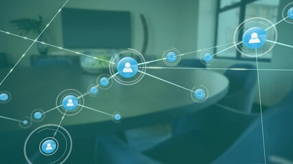 Poster - Network of connections and data processing animation over office conference room