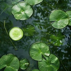 Wall Mural - Fresh cucumber slice floating among green lily pads in a still pond.