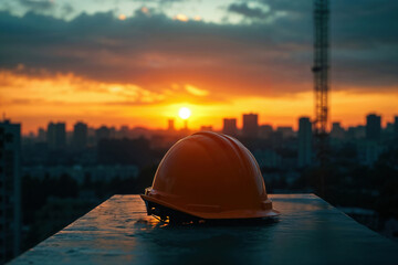 Orange safety helmet is lying on a construction site at sunset, with the city skyline in the background. Industrial safety and construction concept