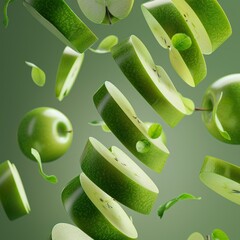 Poster - Fresh green apple slices falling in mid-air.