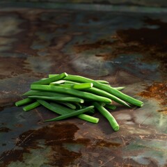 Sticker - Fresh green beans scattered on a rustic surface.