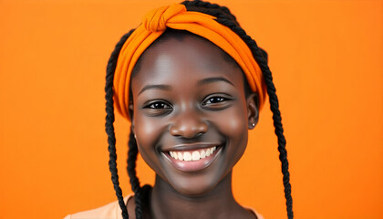 Wall Mural - A young Black woman with dark skin, braided hair, and a bright orange headband smiling against an orange background