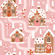 © MirabellePrint - Seamless vector pattern with hand drawn gingerbread houses and Christmas trees. Snowy landscape with winter village. Perfect for textile, wallpaper or print design.