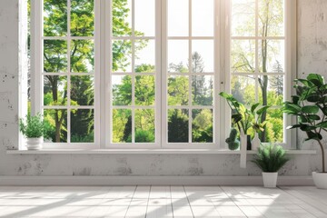 Wall Mural - A room featuring a spacious window and a green potted plant, Spotless windows that allow natural light to fill the room without any streaks or smudges