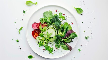 Sticker - Fresh salad with cucumber, tomatoes, broccoli and greens on a white plate.