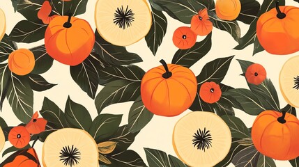 Vibrant persimmon illustration with juicy orange fruit, refreshing slices, and lush green leaves. This visually appealing design captures the essence of this seasonal delicacy. 