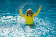 © Volodymyr - Excited child splashing water in pool. Little kid splashing in blue water of swimming pool. Cute boy swimming and splashing water with drops in pool. Child splashing and having fun in swim poolside.