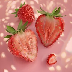 Wall Mural - Fresh, juicy strawberries sliced open on a pink background.