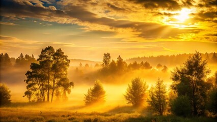 Wall Mural - Butter yellow hues dominate the sky, soft focus on the trees in the foreground, backlight creating a sense of mystery, warm and inviting, a realistic photo image.