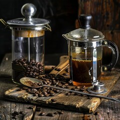 Wall Mural - Freshly brewed coffee in a french press, with coffee beans and a spoon on a rustic wooden table.