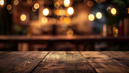 Poster - Wooden Tabletop with a Blurred Background of Warm Lights
