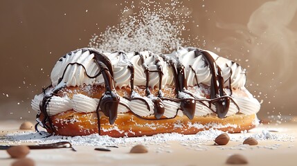 A delicious cake piece features eclairs covered with chocolate syrup and powdered with delicate powder