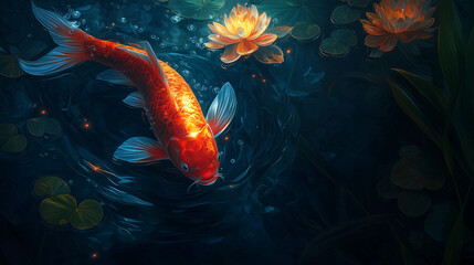 Glowing koi fish swimming in a dark pond, creating an ethereal and peaceful scene, aquatic glowtime, tranquil and beautiful