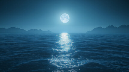 glowing moonlight reflecting on calm ocean waves, tranquil and serene, night glowtime, peaceful and 