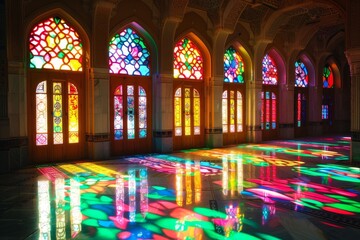 Aufkleber - Numerous stained glass windows fill a room, casting colorful light throughout, Stained glass windows casting colorful light into the hall
