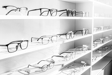 exhibitor of glasses consisting of shelves of fashionable glasses shown on a wall at the optical shop