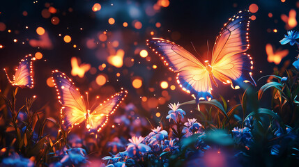 Wall Mural - Glowing neon butterflies fluttering in a dark garden, magical glowtime, enchanting and whimsica