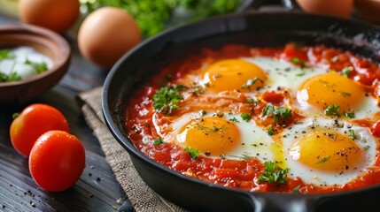 Sticker - Fried eggs with tomato sauce and parsley in a black pan.