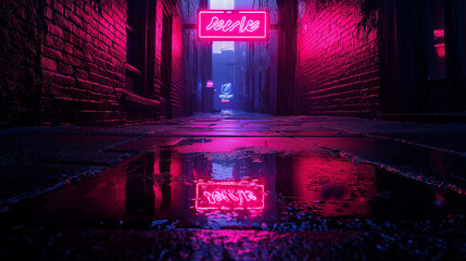 Wall Mural - Glowing neon signs in an urban alleyway, reflecting on wet pavement, city glowtime, gritty and vibrant