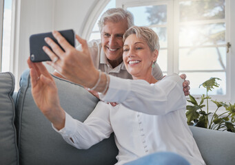 Poster - Selfie, smile and mature couple on sofa for social media post, memory and profile picture. Retirement, marriage and senior man and woman on video call for bonding, love and online in living room