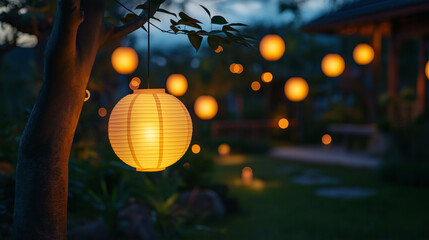 Wall Mural - Glowing paper lanterns in a tranquil night garden, capturing a sense of peace, garden glowtime, soft and calming