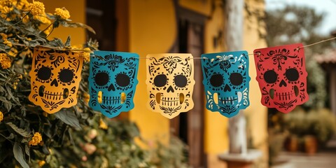 Mexican paper cut with skulls holiday flags. Papel picado. Festive garlands made of multicolored paper, flags in the form of skulls. Mexican day of the dead. Cinco de mayo, dia de los muertos.