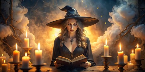 Whimsical twilight sorceress donning ornate black hat adorned with moonstone, surrounded by mystical candles, wispy smoke, and ancient tomes, in warm golden light, with subtle mystery.