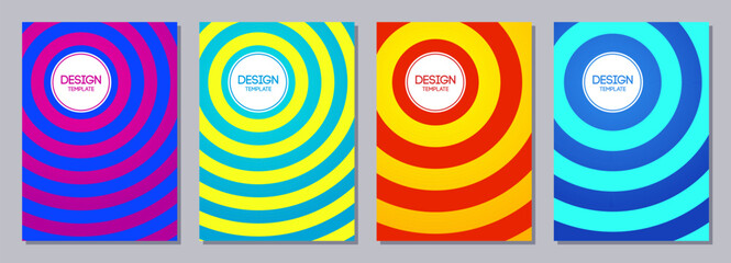 Wall Mural - Set of flyers, posters, banners, placards, brochure design templates A6 size. Retro graphic design templates with wavy color circles. Covers template collection. Vector geometric striped backgrounds.