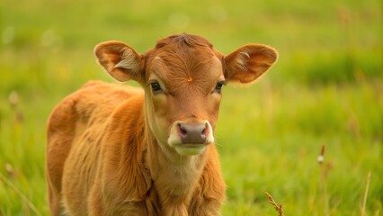 calf on a green field close up