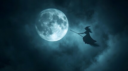 Wall Mural - a witch flying on a broomstick across the full moon