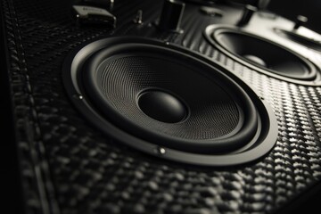Poster - two modern speakers placed on a table, ready to deliver crystal-clear audio, state-of-the-art sound 