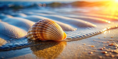 Wall Mural - A vibrant close-up of a seashell on a sandy beach, the rippling tide and light patterns creating a mesmerizing effect at eye level.