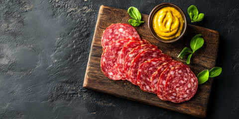 Wall Mural - Sliced salami presented on a wooden board with a small bowl of mustard