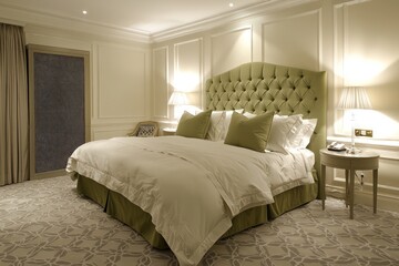 Wall Mural - Olive green headboard, soft light, chic screen, grey carpet in calm bedroom.