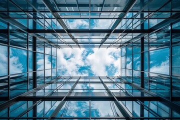 Poster - A very tall building made of steel beams and glass panels, featuring a multitude of windows, Steel beams and glass panels reaching towards the sky