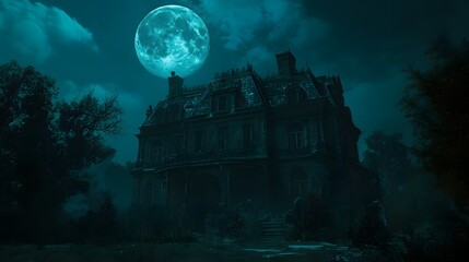 Wall Mural - a full moon casting an eerie glow over a haunted house
