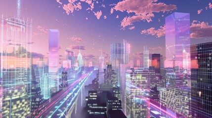 Poster - Futuristic cityscape with glowing neon lights and a pink sky.