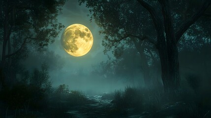 Wall Mural - a full moon illuminating a haunted forest
