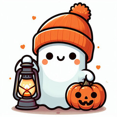 Wall Mural - adorable ghost in orange hat with lamp in Halloween style