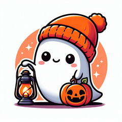 adorable ghost in orange hat with lamp in Halloween style