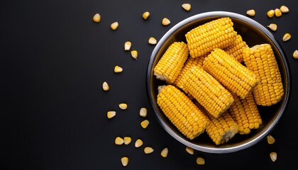 Wall Mural - Corn in a bowl on a black background, top view, copy space 