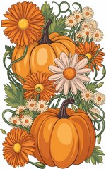 Two Pumpkins with Orange and White Flowers