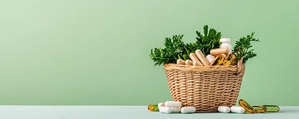 Fresh herbs and natural supplements arranged in a basket on a soft green background, promoting healthy living and wellness.