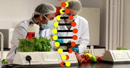 Poster - Scientists in lab coats analyzing samples with DNA strand animation over vegetables